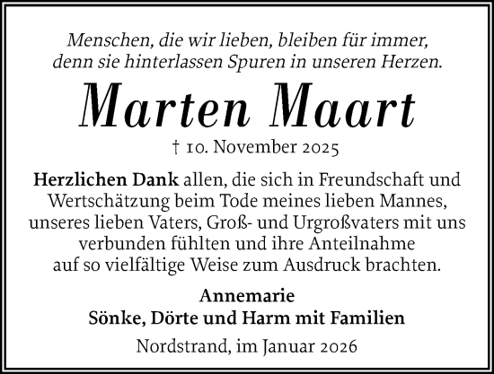 Traueranzeige von Marten Maart von Husumer Nachrichten, Nordfriesland Tageblatt