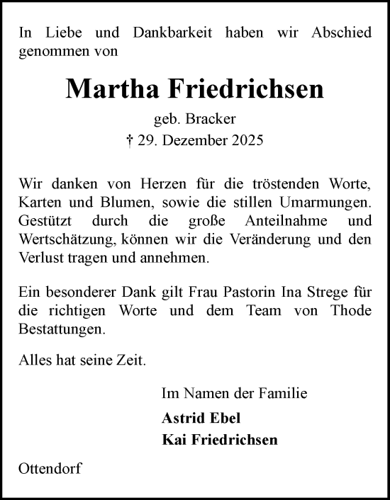 Traueranzeige von Martha Friedrichsen von Holsteinischer Courier
