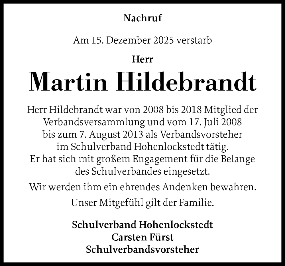  Traueranzeige für Martin Hildebrandt vom 03.01.2026 aus Norddeutsche Rundschau, Wilstersche Zeitung, Glückstädter Fortuna