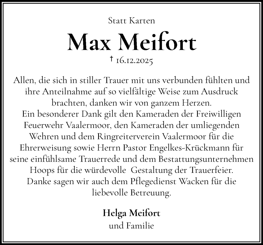 Traueranzeige für Max Meifort vom 10.01.2026 aus Norddeutsche Rundschau, Wilstersche Zeitung, Glückstädter Fortuna