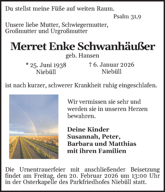 Traueranzeige von Merret Enke Schwanhäußer von Region Flensburg