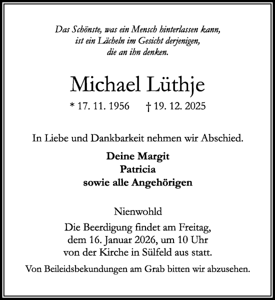 Traueranzeige von Michael Lüthje von MARKT Ahrensburg/Bargteheide/Trittau und Stormarner Tageblatt