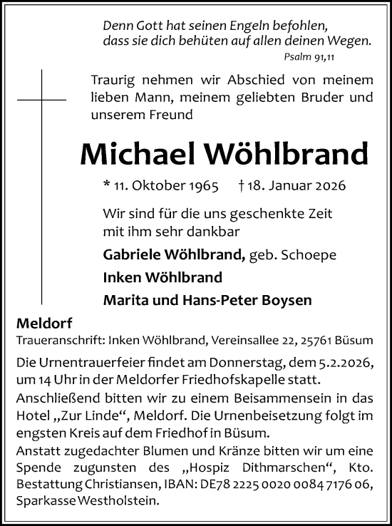 Traueranzeige von Michael Wöhlbrand von Husumer Nachrichten, Nordfriesland Tageblatt