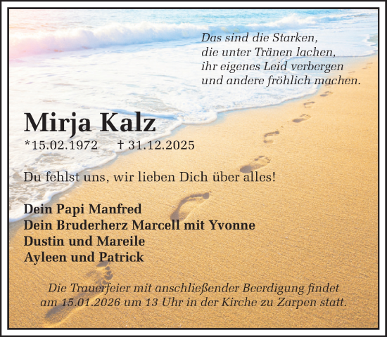 Traueranzeige von Mirja Kalz von MARKT Bad Oldesloe/Reinfeld und Stormarner Tageblatt