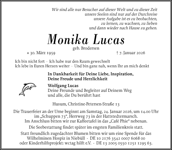 Traueranzeige von Monika Lucas von Husumer Nachrichten, Nordfriesland Tageblatt