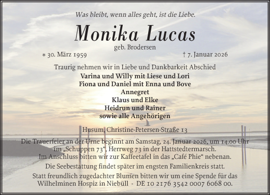 Traueranzeige von Monika Lucas von Husumer Nachrichten, Nordfriesland Tageblatt