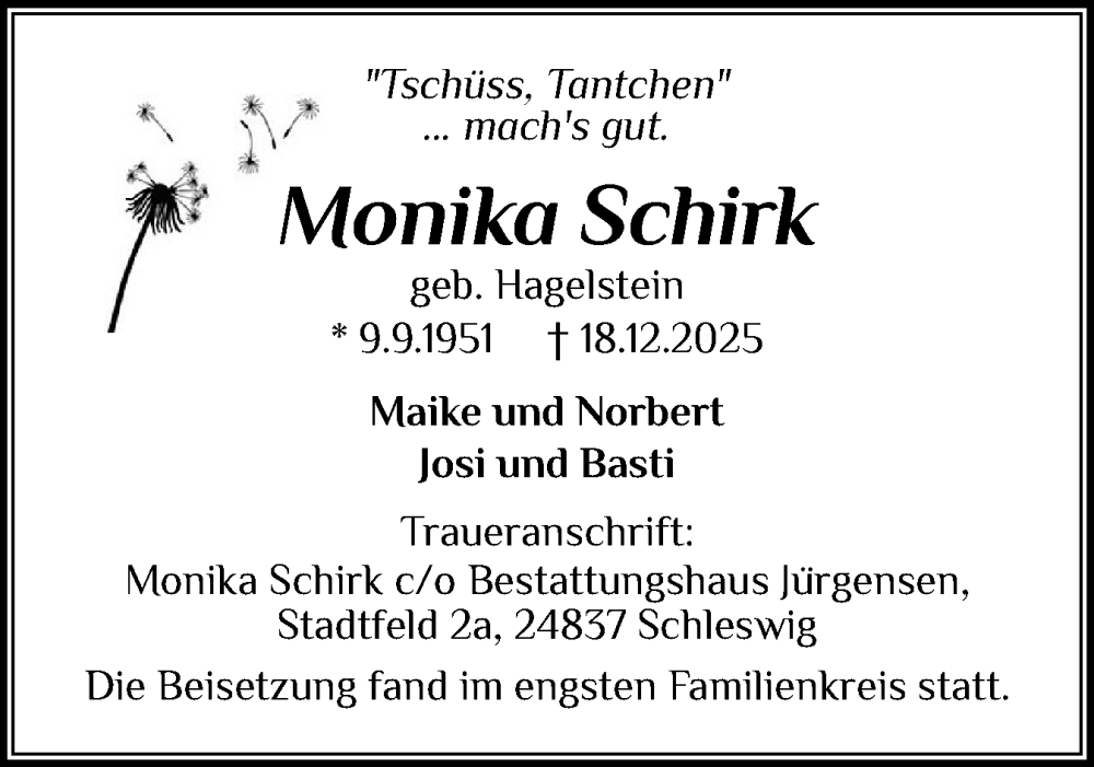  Traueranzeige für Monika Schirk vom 24.01.2026 aus Holsteinischer Courier
