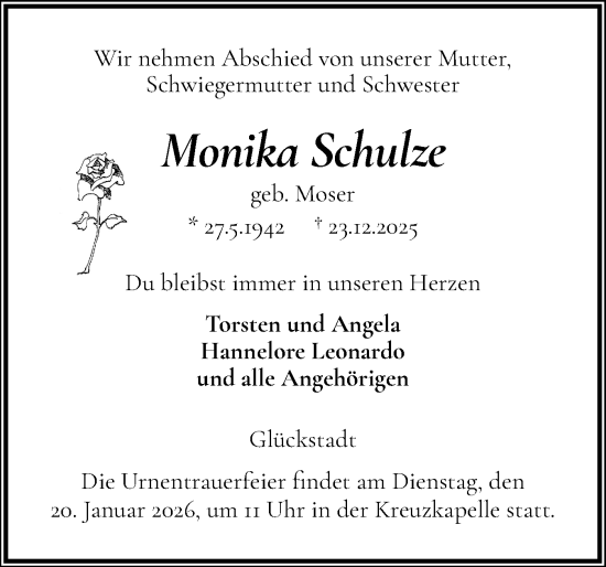 Traueranzeige von Monika Schulze von Norddeutsche Rundschau, Wilstersche Zeitung, Glückstädter Fortuna