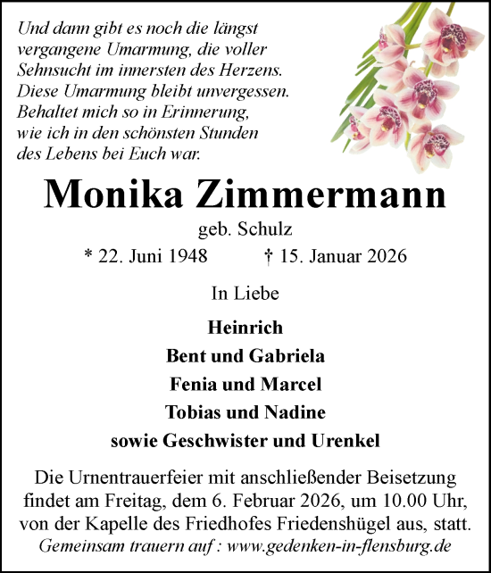 Traueranzeige von Monika Zimmermann von Flensburger Tageblatt
