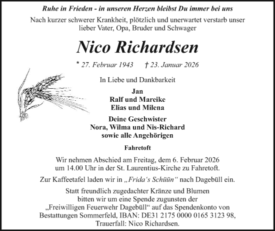 Traueranzeige von Nico Richardsen von Husumer Nachrichten, Nordfriesland Tageblatt