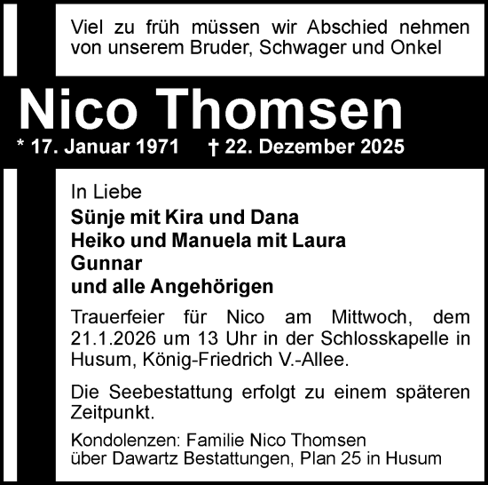 Traueranzeige von Nico Thomsen von Husumer Nachrichten, Nordfriesland Tageblatt