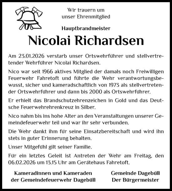 Traueranzeige von Nicolai Richardsen von Husumer Nachrichten, Nordfriesland Tageblatt