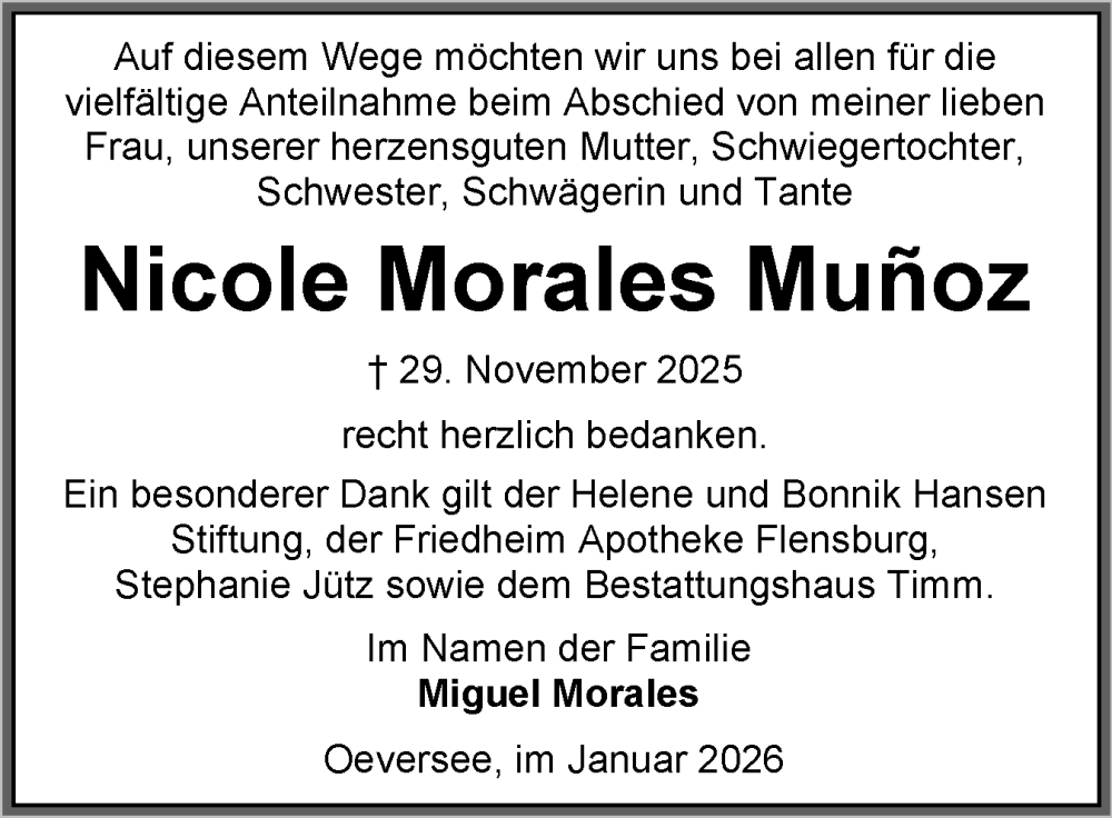  Traueranzeige für Nicole Morales Muñoz vom 03.01.2026 aus Flensburger Tageblatt