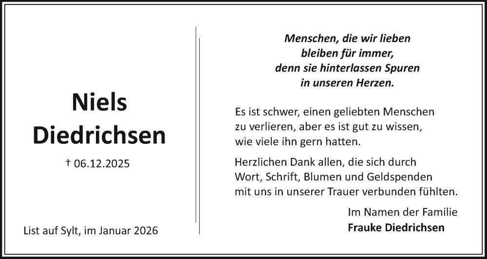  Traueranzeige für Niels Diedrichsen vom 10.01.2026 aus Sylter Rundschau