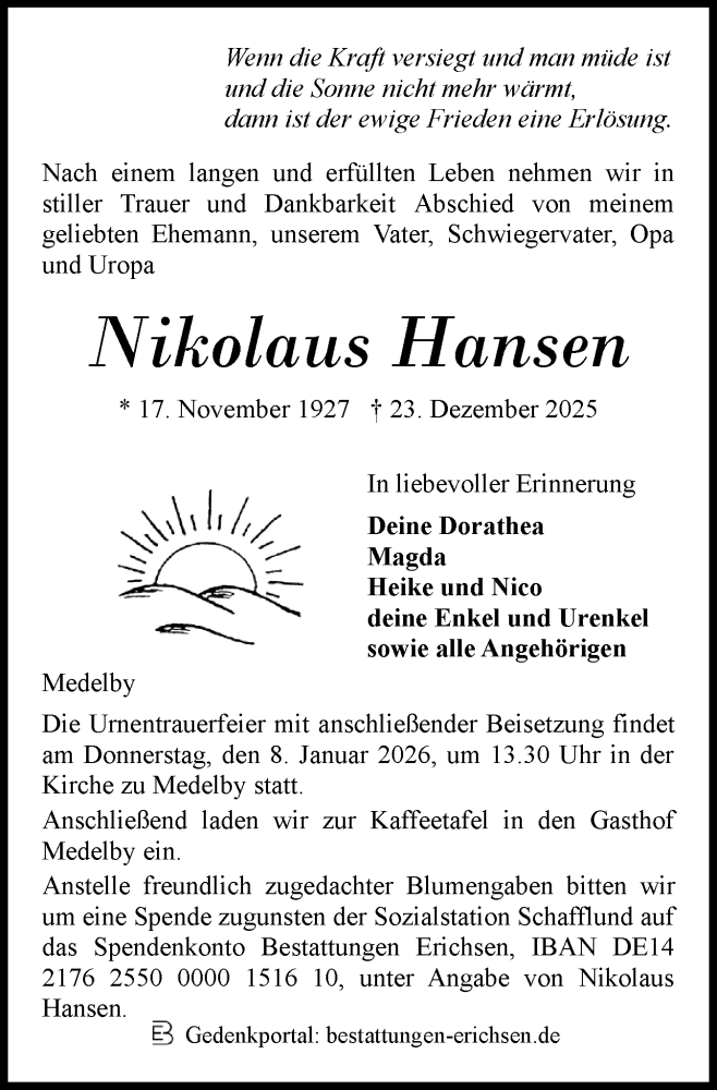  Traueranzeige für Nikolaus Hansen vom 03.01.2026 aus Region Flensburg