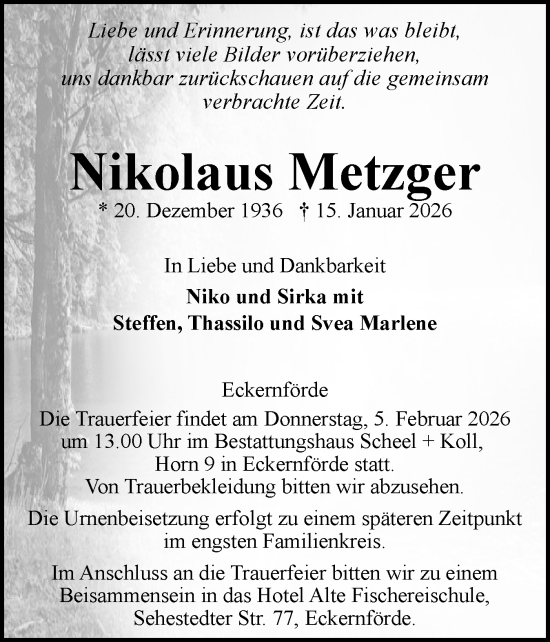 Traueranzeige von Nikolaus Metzger von Eckernförder Zeitung, Hallo Eckernförde