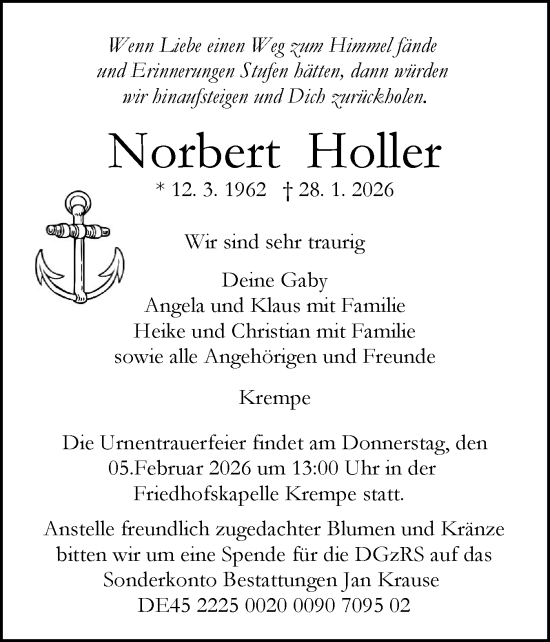Traueranzeige von Norbert Holler von Norddeutsche Rundschau, Wilstersche Zeitung, Glückstädter Fortuna