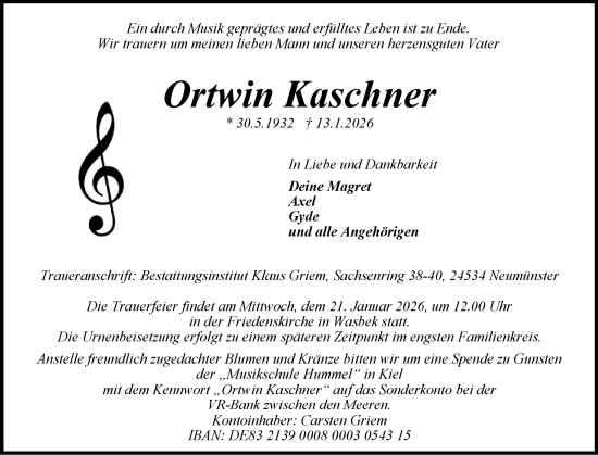 Traueranzeige von Ortwin Kaschner von Holsteinischer Courier