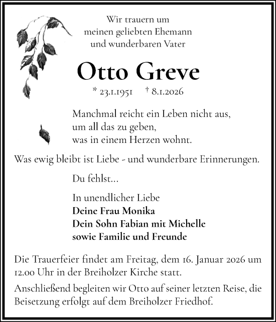Traueranzeige von Otto Greve von Schleswig-Holsteinische Landeszeitung