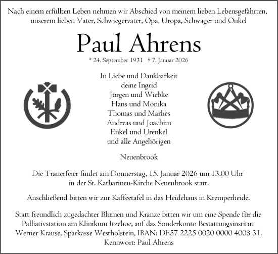 Traueranzeige von Paul Ahrens von Norddeutsche Rundschau, Wilstersche Zeitung, Glückstädter Fortuna