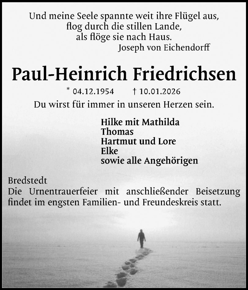  Traueranzeige für Paul-Heinrich Friedrichsen vom 17.01.2026 aus Husumer Nachrichten, Nordfriesland Tageblatt