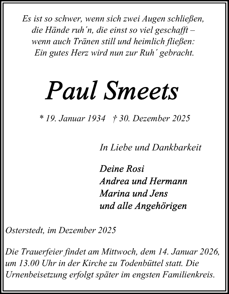  Traueranzeige für Paul Smeets vom 07.01.2026 aus Schleswig-Holsteinische Landeszeitung