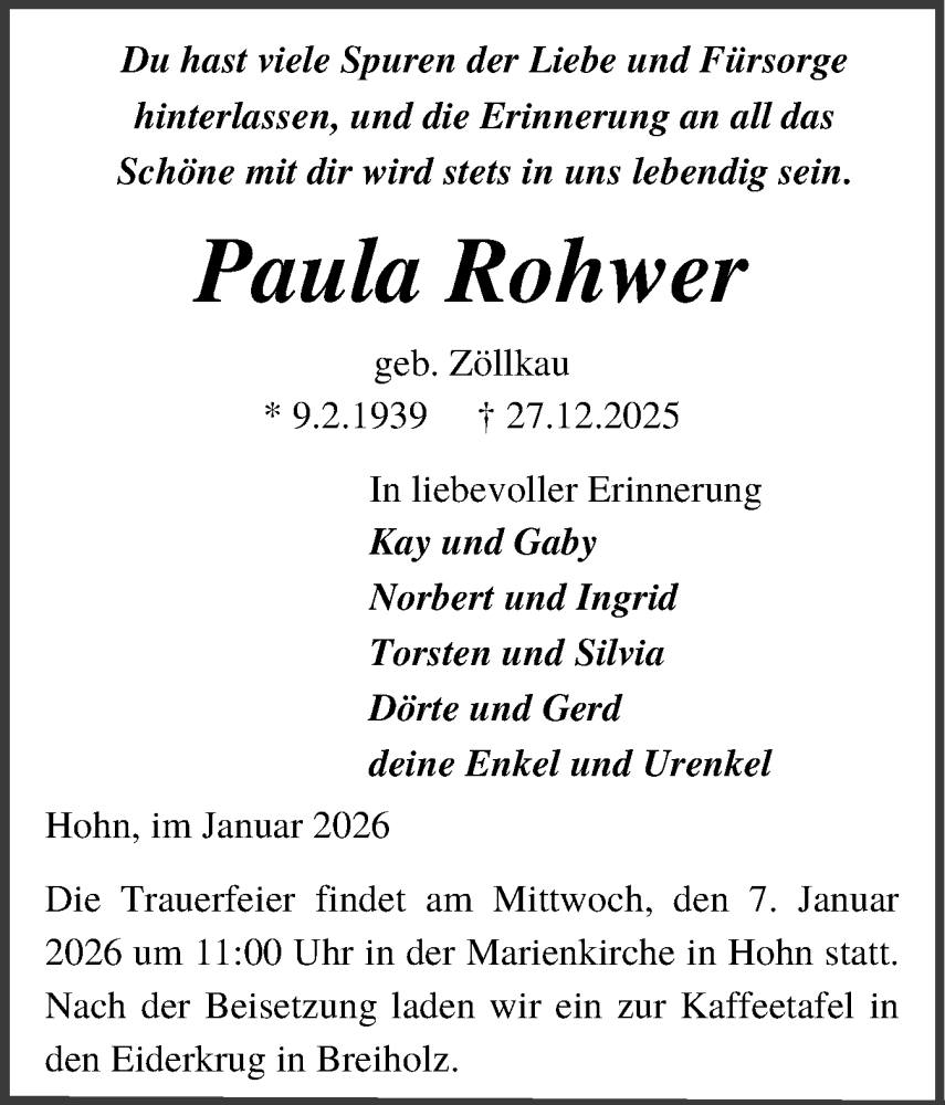  Traueranzeige für Paula Rohwer vom 03.01.2026 aus Schleswig-Holsteinische Landeszeitung