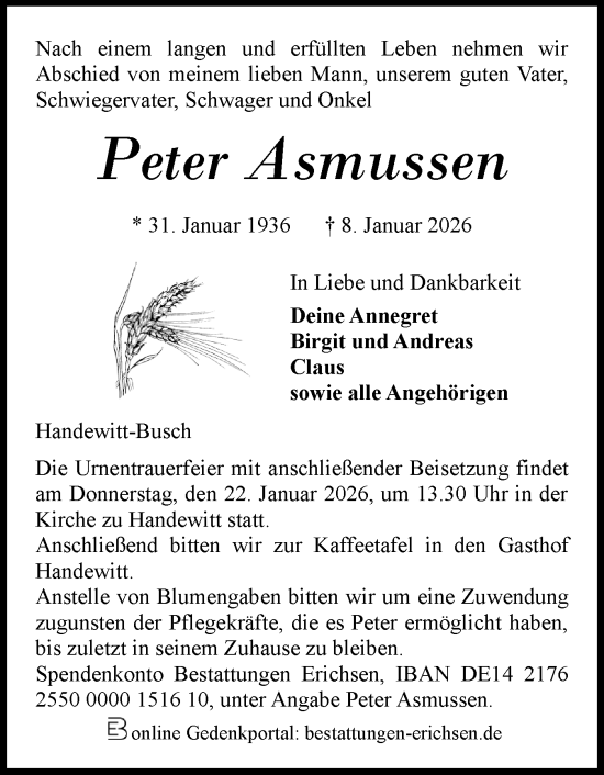 Traueranzeige von Peter Asmussen von Flensburger Tageblatt
