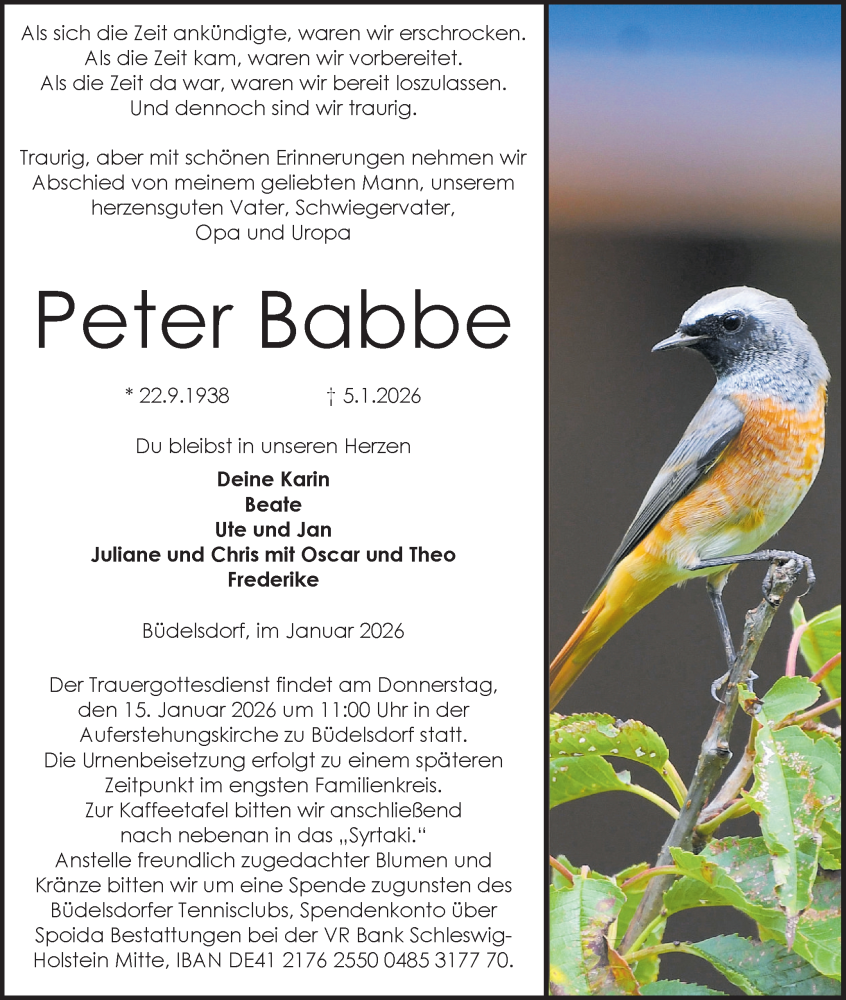  Traueranzeige für Peter Babbe vom 10.01.2026 aus Schleswig-Holsteinische Landeszeitung