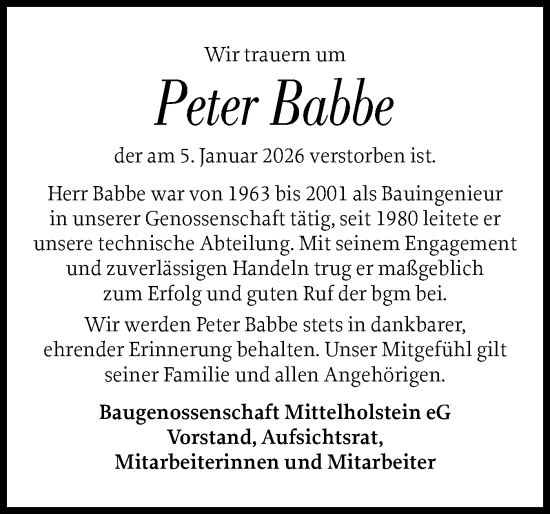 Traueranzeige von Peter Babbe von Schleswig-Holsteinische Landeszeitung