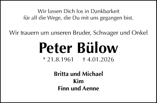 Traueranzeige von Peter Bülow von MARKT Ratzeburg/Mölln