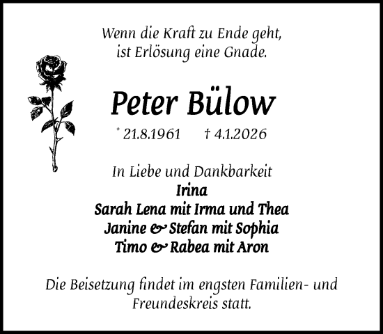 Traueranzeige von Peter Bülow von MARKT Ratzeburg/Mölln