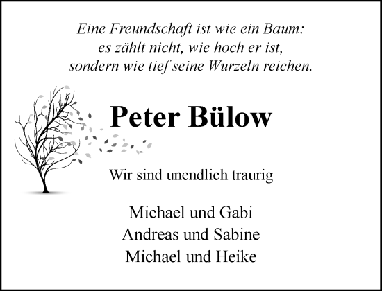 Traueranzeige von Peter Bülow von MARKT Ratzeburg/Mölln