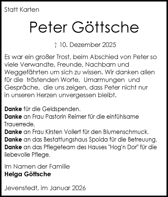 Traueranzeige von Peter Göttsche von Schleswig-Holsteinische Landeszeitung