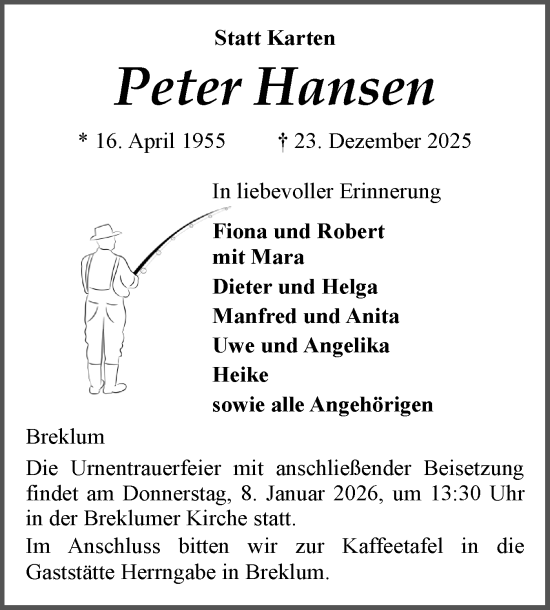 Traueranzeige von Peter Hansen von Husumer Nachrichten, Nordfriesland Tageblatt