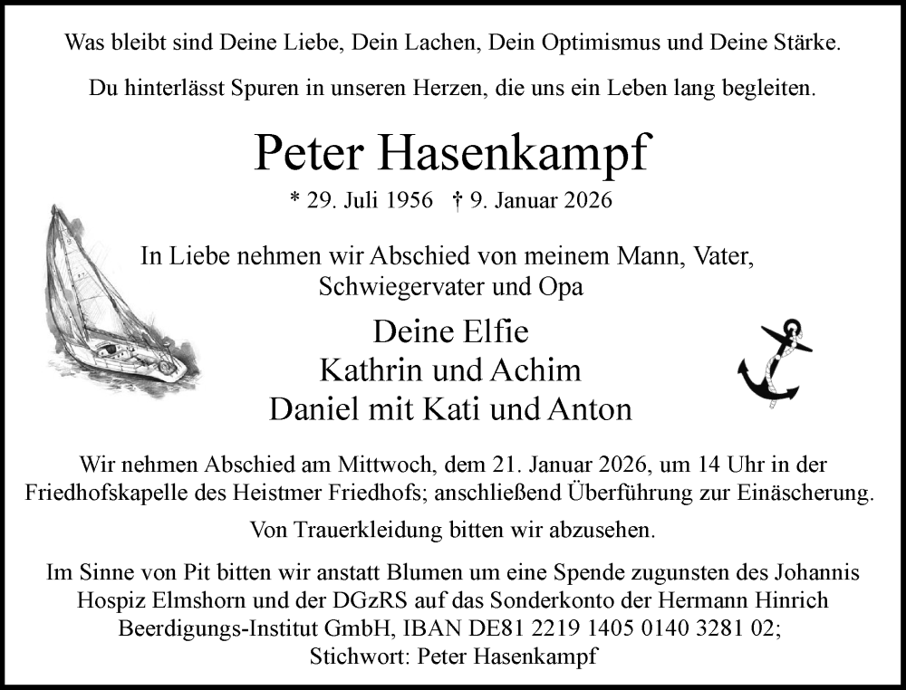  Traueranzeige für Peter Hasenkampf vom 17.01.2026 aus Uetersener Nachrichten, Der tip am Wochenende