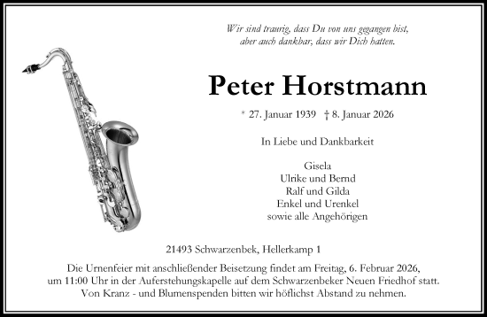 Traueranzeige von Peter Horstmann von Wochenend Anzeiger