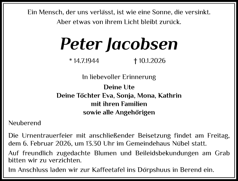  Traueranzeige für Peter Jacobsen vom 17.01.2026 aus Schleswiger Nachrichten, Schlei-Bote