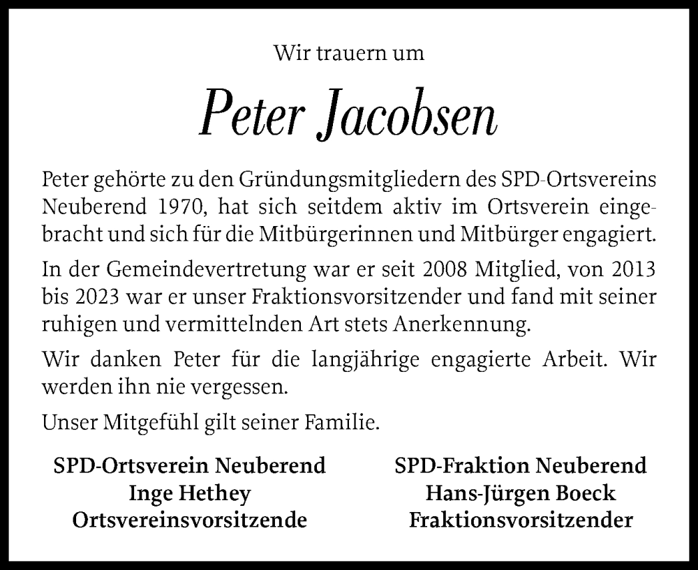  Traueranzeige für Peter Jacobsen vom 17.01.2026 aus Schleswiger Nachrichten, Schlei-Bote