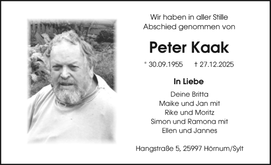 Traueranzeige von Peter Kaak von Sylter Rundschau