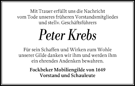 Traueranzeige von Peter Krebs von Schleswig-Holsteinische Landeszeitung