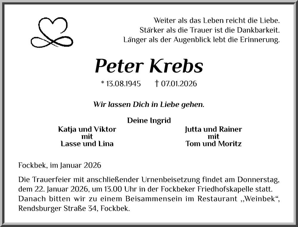  Traueranzeige für Peter Krebs vom 17.01.2026 aus Schleswig-Holsteinische Landeszeitung