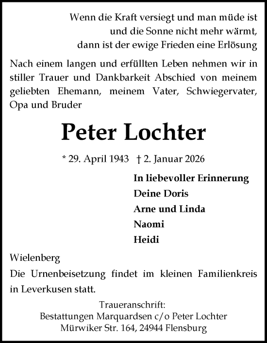 Traueranzeige von Peter Lochter von Flensburger Tageblatt