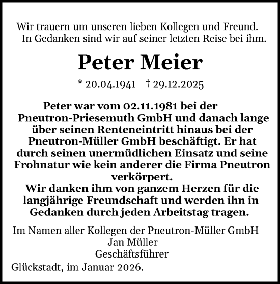 Traueranzeige von Peter Meier von Norddeutsche Rundschau, Wilstersche Zeitung, Glückstädter Fortuna