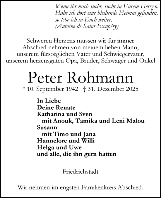 Traueranzeige von Peter Rohmann von Husumer Nachrichten, Nordfriesland Tageblatt