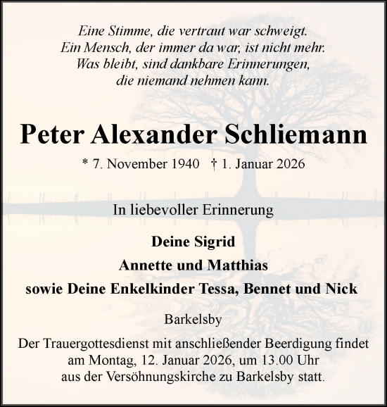Traueranzeige von Peter Alexander Schliemann von Eckernförder Zeitung, Hallo Eckernförde