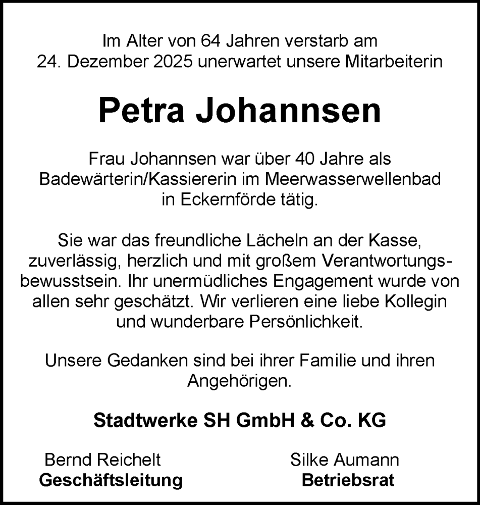 Traueranzeige für Petra Johannsen vom 10.01.2026 aus Eckernförder Zeitung