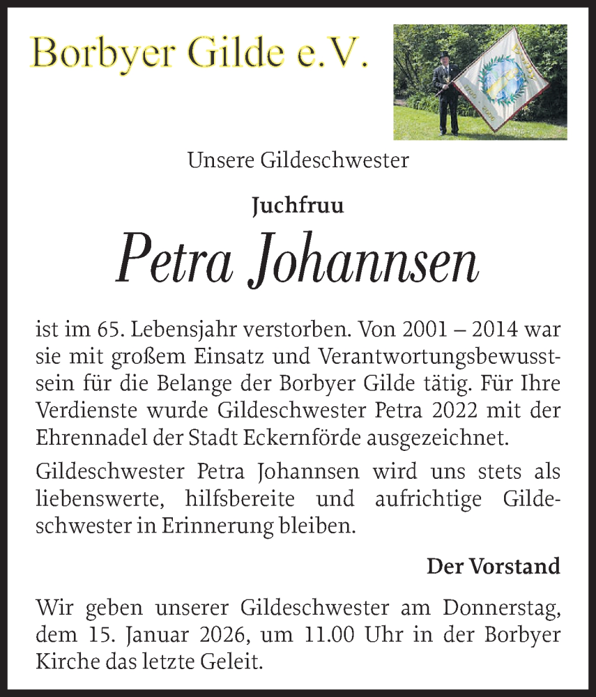  Traueranzeige für Petra Johannsen vom 14.01.2026 aus Eckernförder Zeitung
