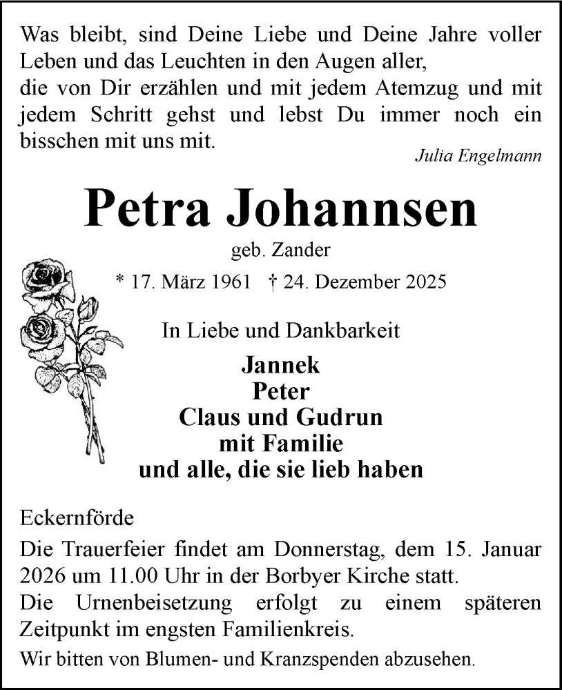  Traueranzeige für Petra Johannsen vom 10.01.2026 aus Eckernförder Zeitung