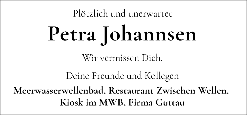  Traueranzeige für Petra Johannsen vom 17.01.2026 aus Eckernförder Zeitung, Hallo Eckernförde